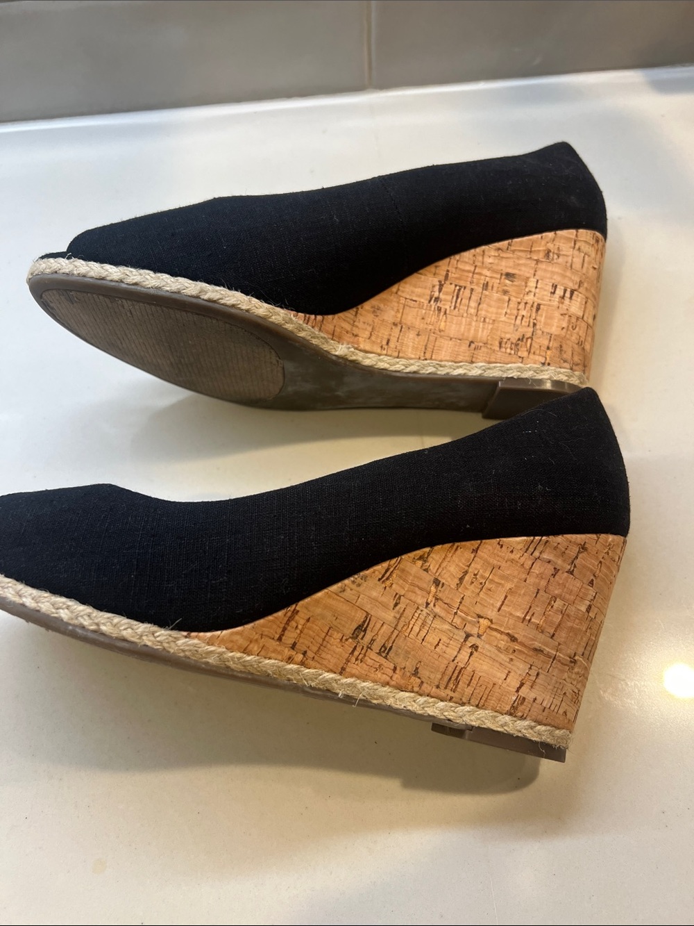 Black Peep-Toe Cork Wedge Heels - Picture 6 of 8